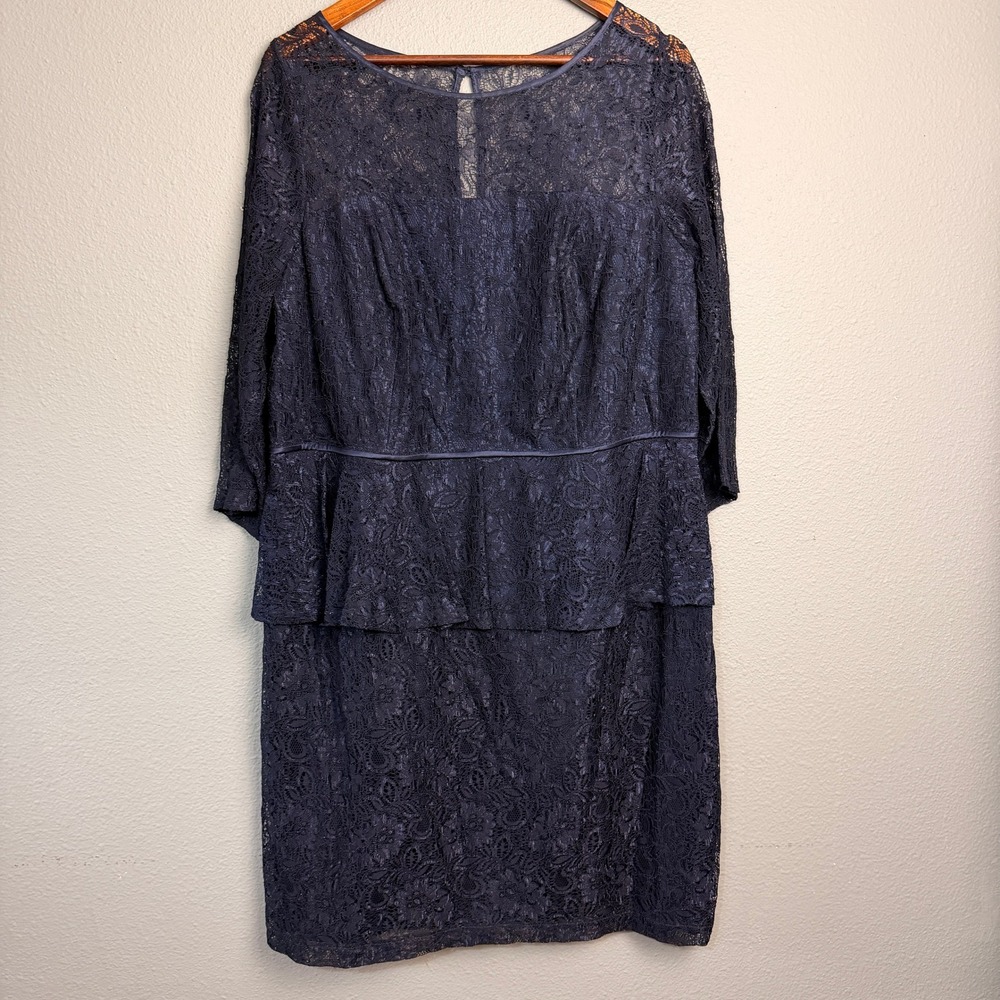 Adrianna Papell Navy 16W‎ Lace Peplum Tiered Dress Cocktail Wedding Mother Bride